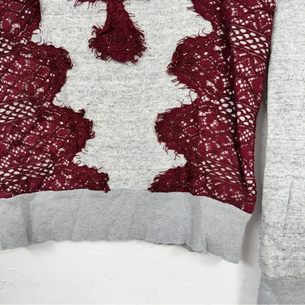 Sandro Paris Grey Red Lace Crew Neck Sweatshirt Womens S Preppy Casual Pullover - Picture 2 of 11